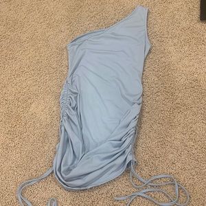 one shoulder sky blue shein mini dress